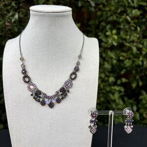 Ayala Bar Artisan Beaded Statement Necklace Clip Earrings Set Purple 18.5”